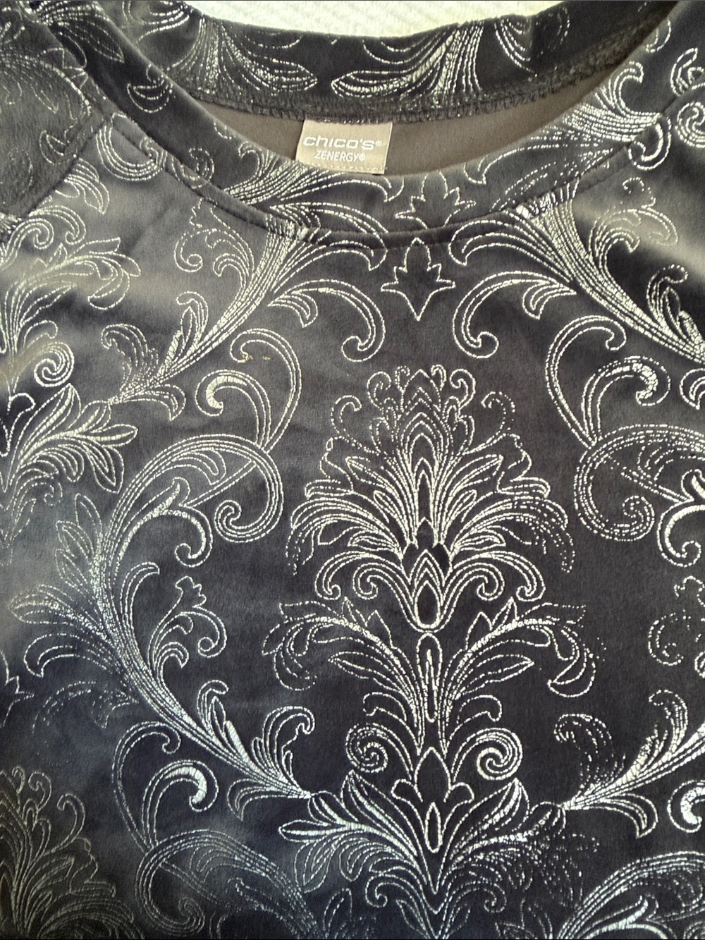 Chico's Zenergy Gray Velour Top with Silver foil Accents